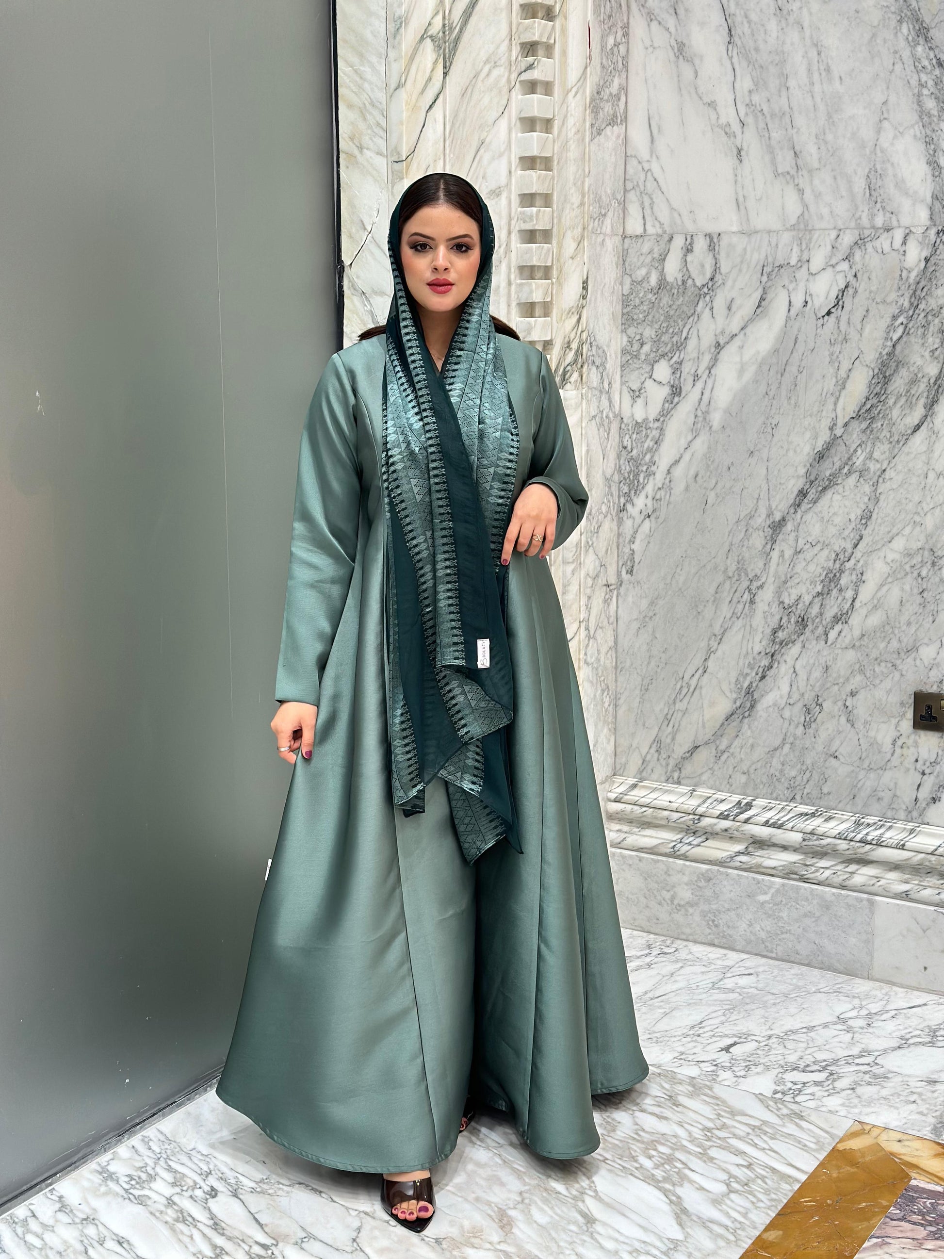 ITALIAN TAFTA ABAYA WITH PALESTINIAN SHAWL DESIGN