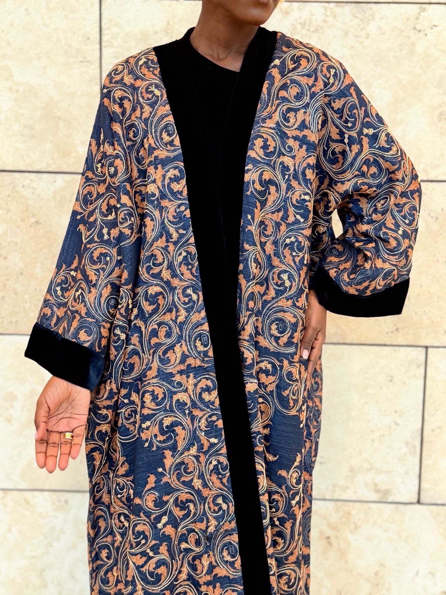 gold and dark blue linen bisht