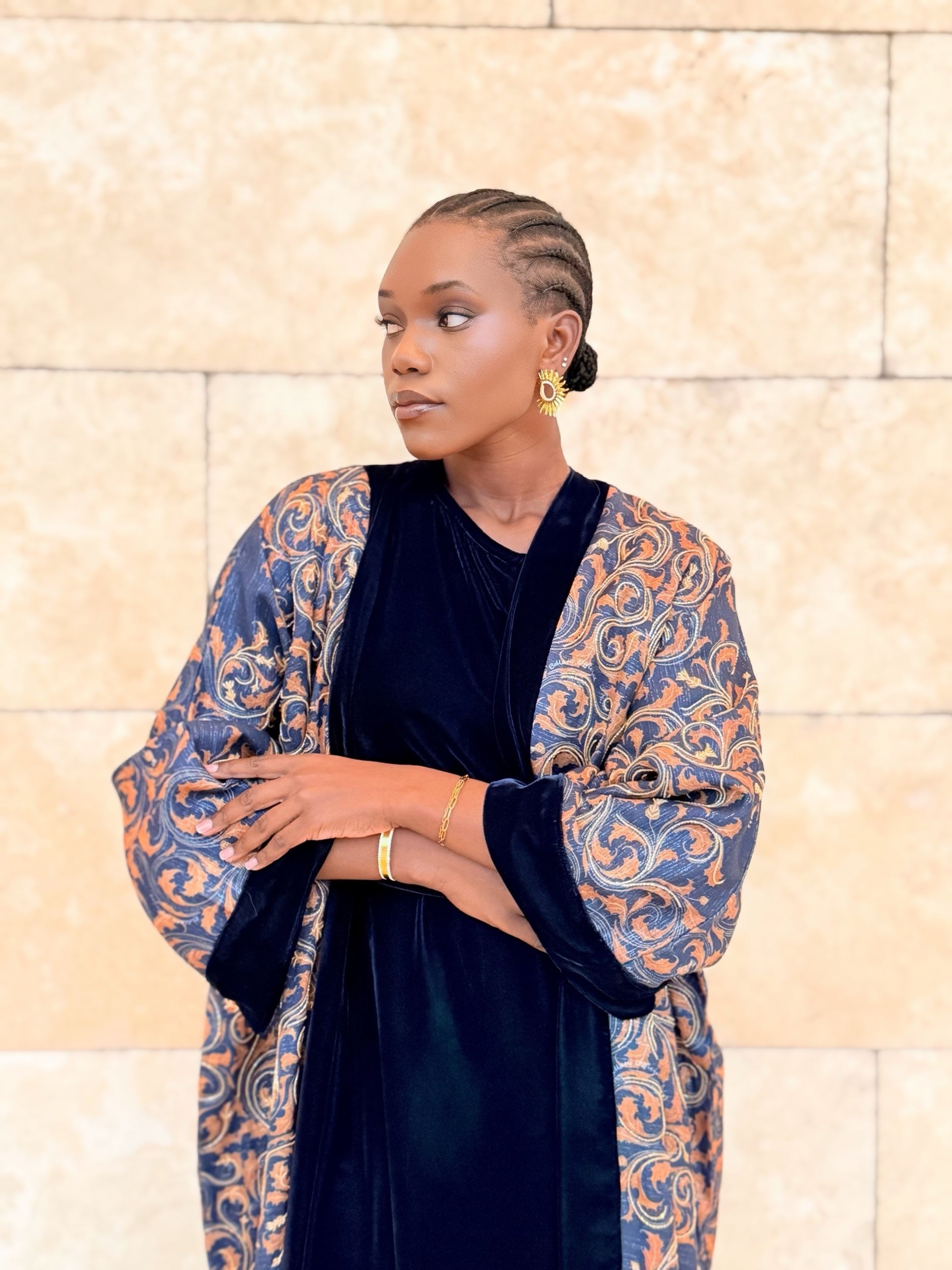 gold and dark blue linen bisht