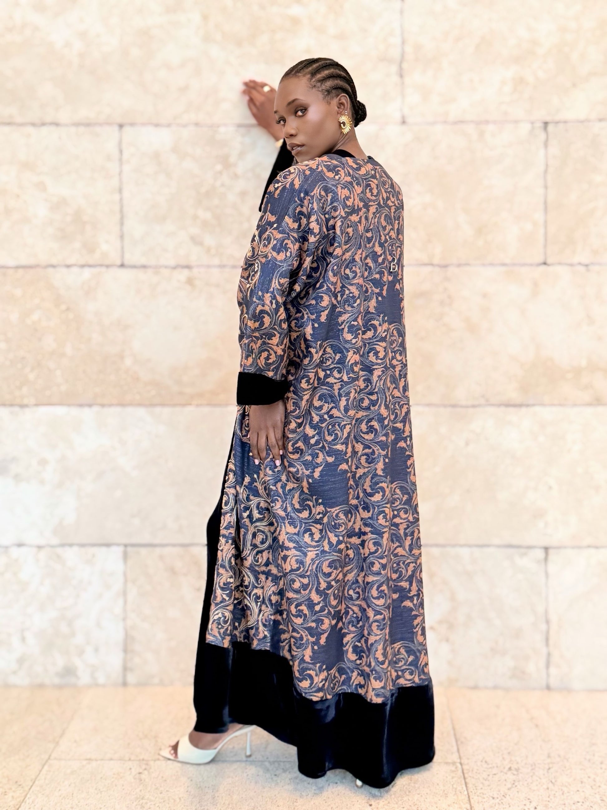 gold and dark blue linen bisht
