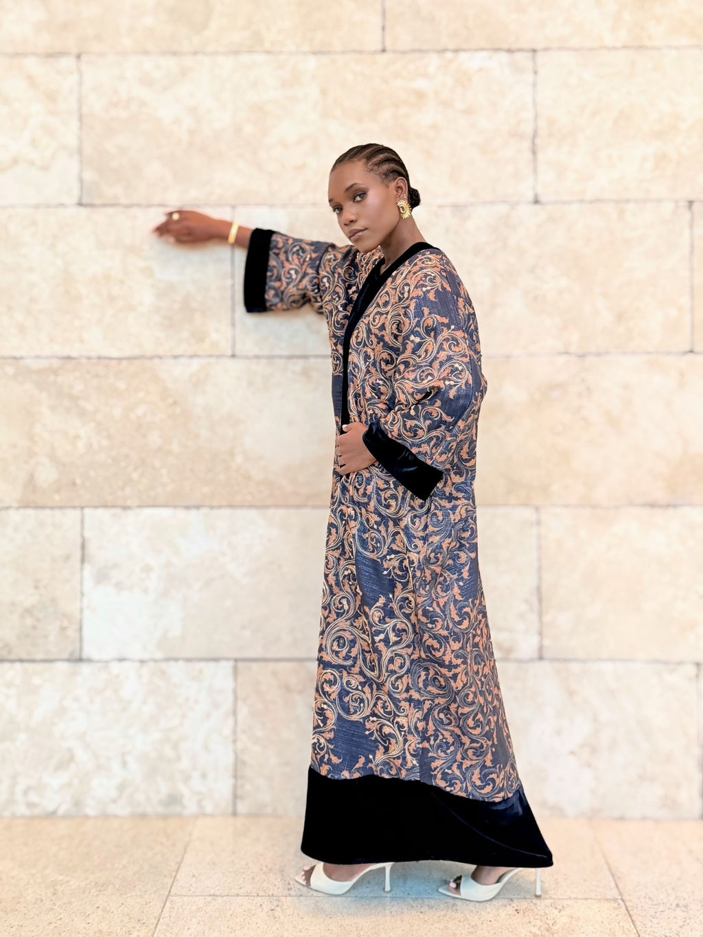 gold and dark blue linen bisht