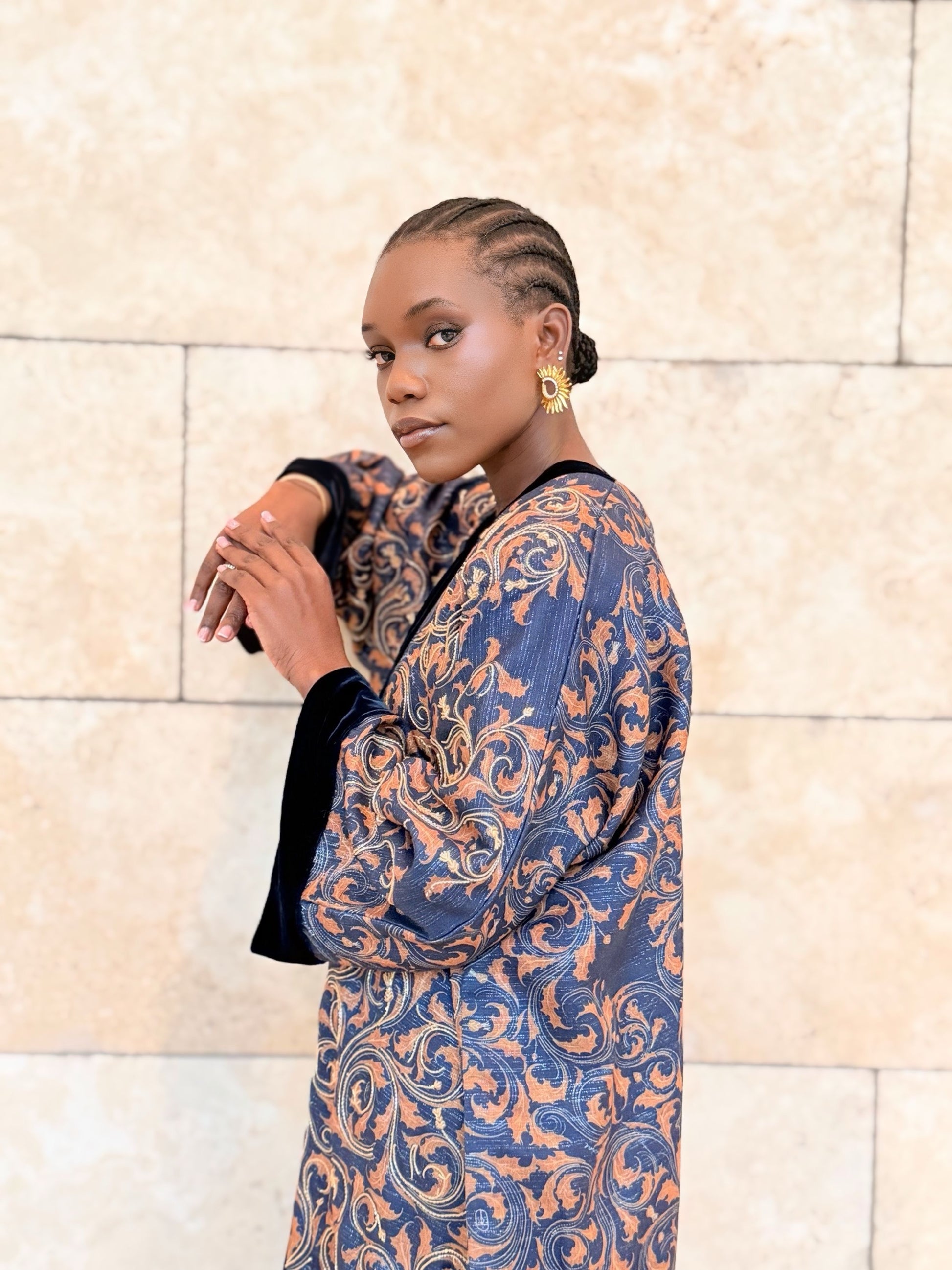 gold and dark blue linen bisht