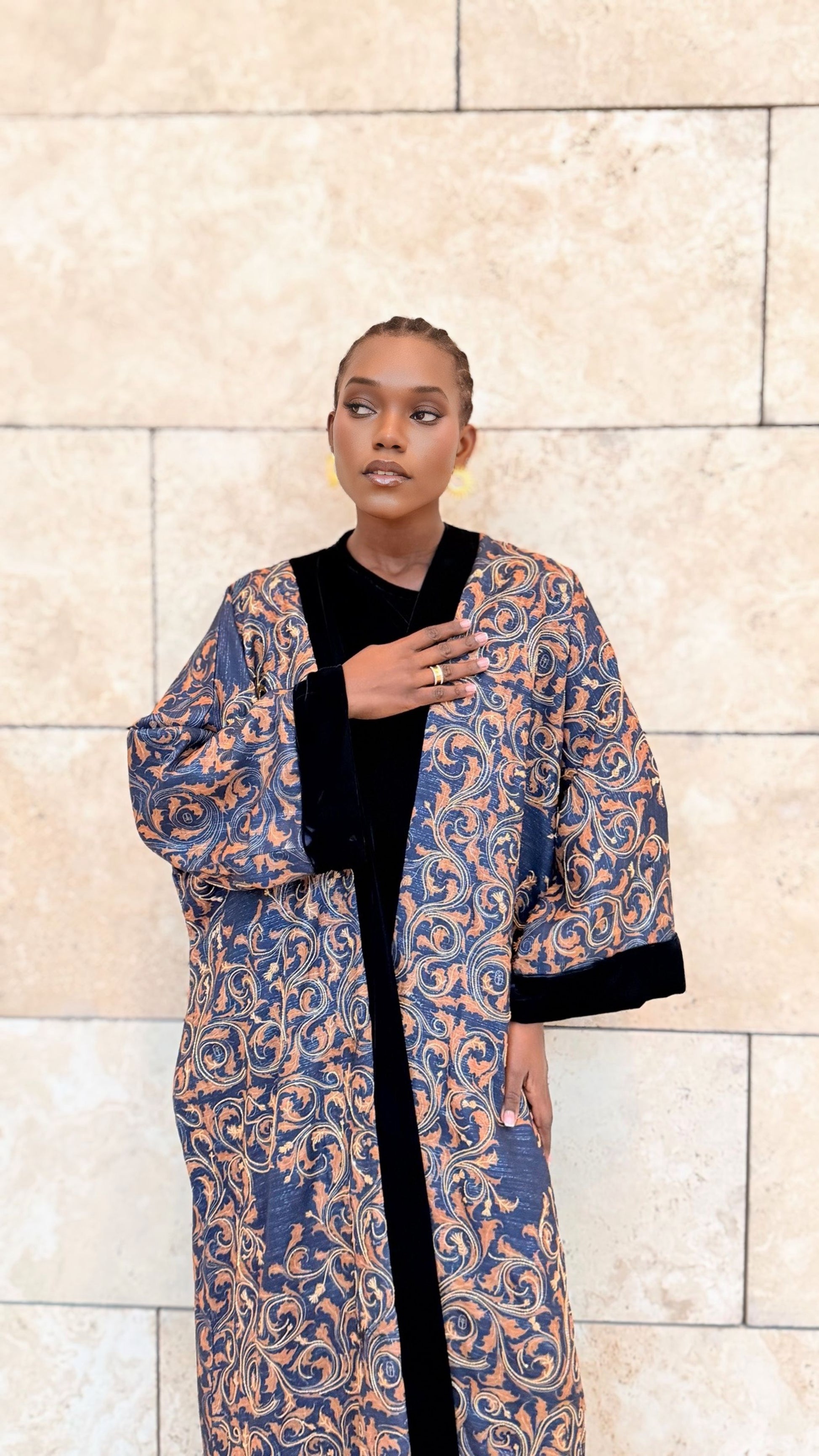 gold and dark blue linen bisht