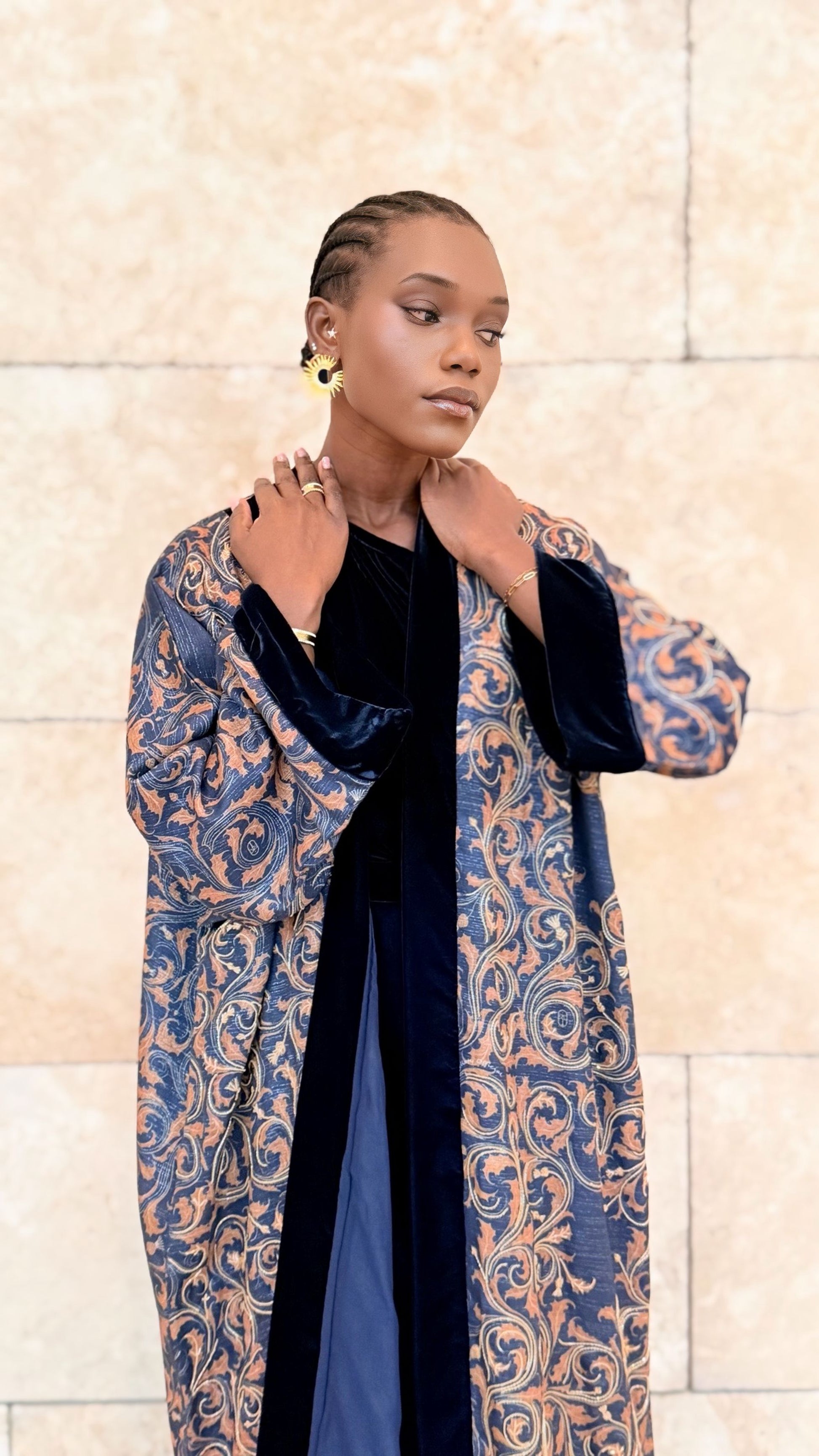 gold and dark blue linen bisht