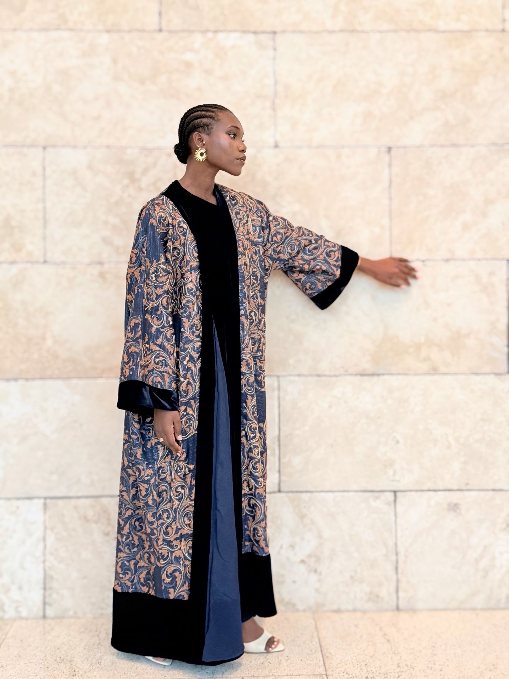 gold and dark blue linen bisht