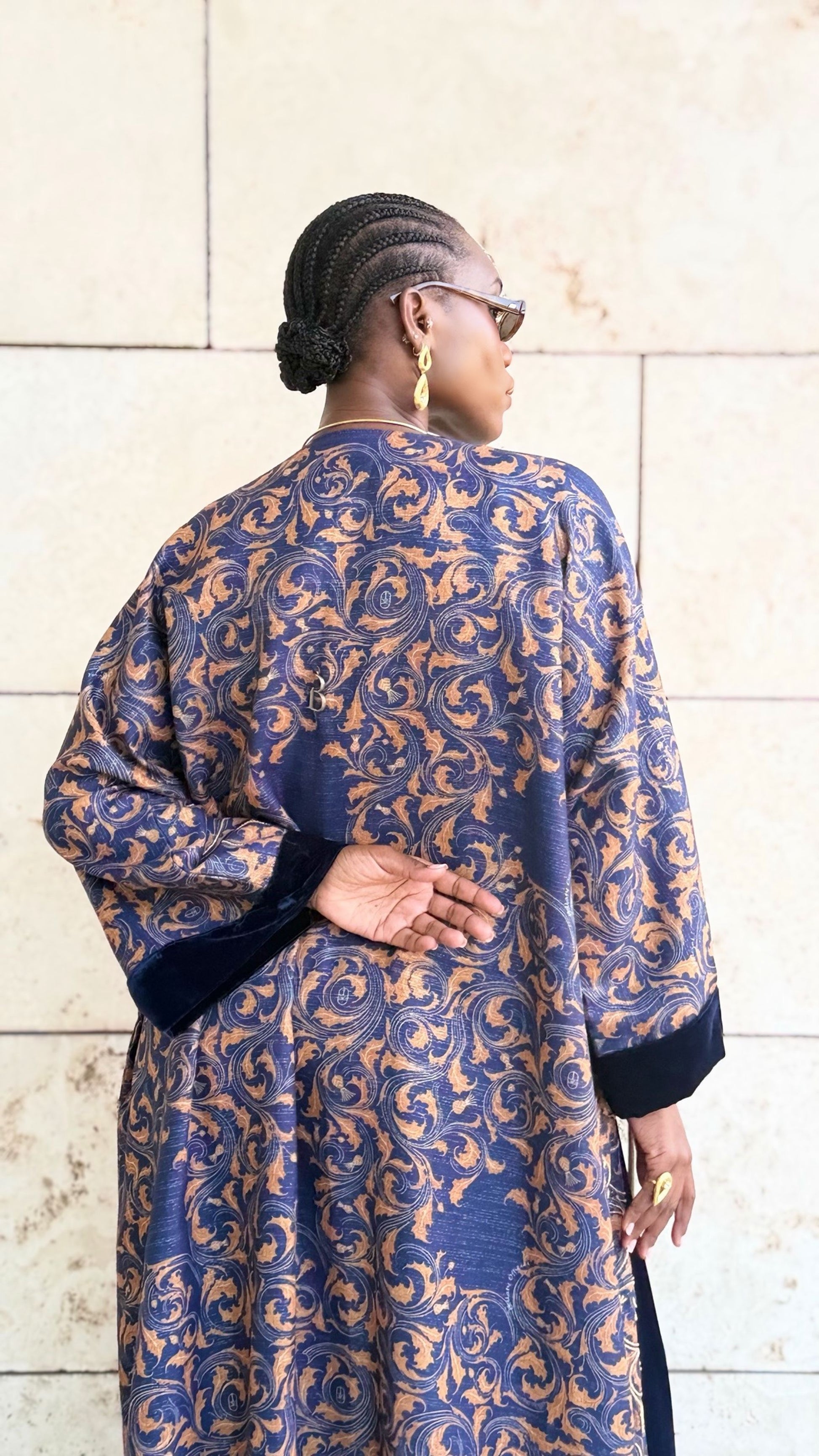 gold and dark blue linen bisht