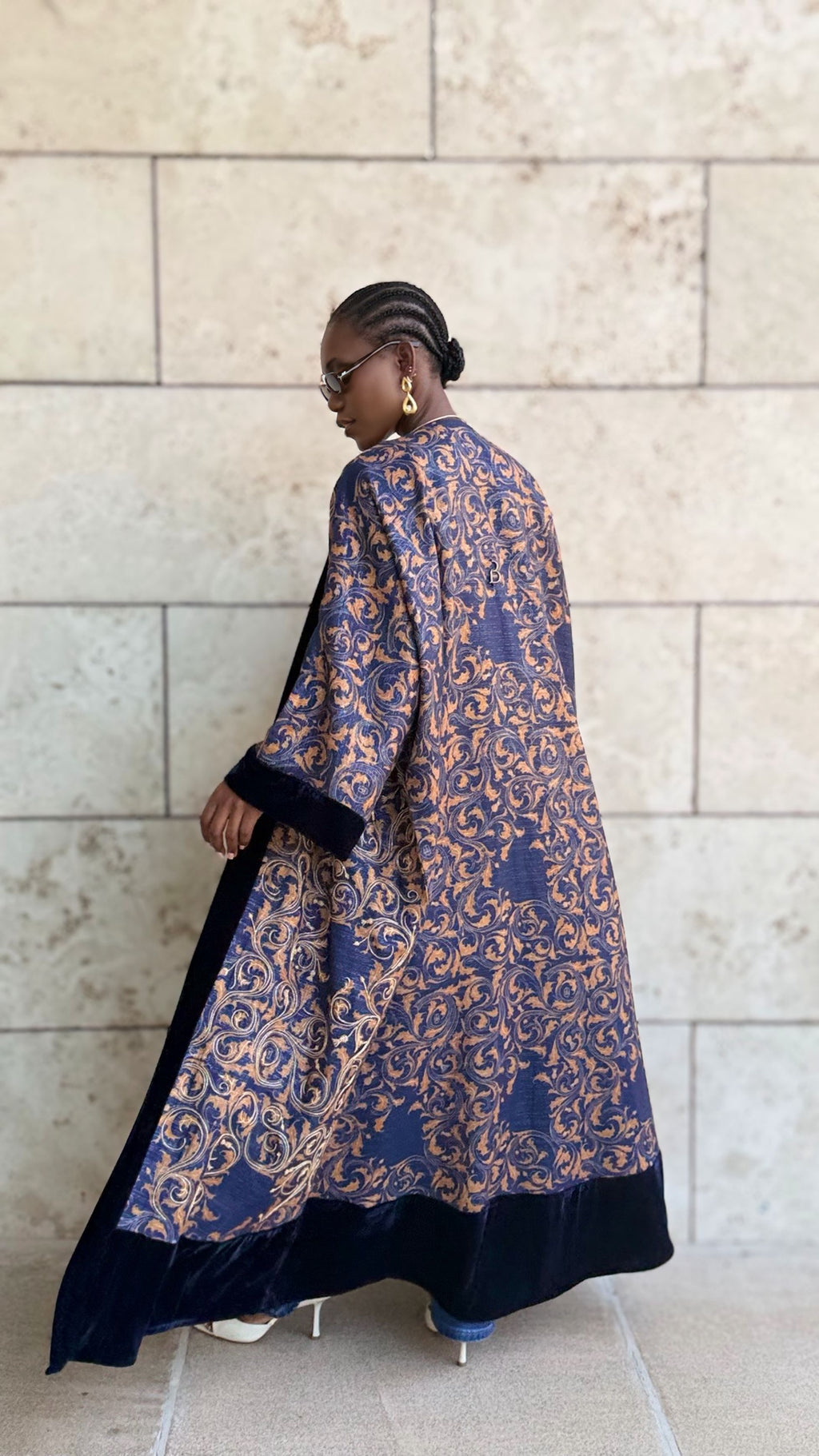 gold and dark blue linen bisht