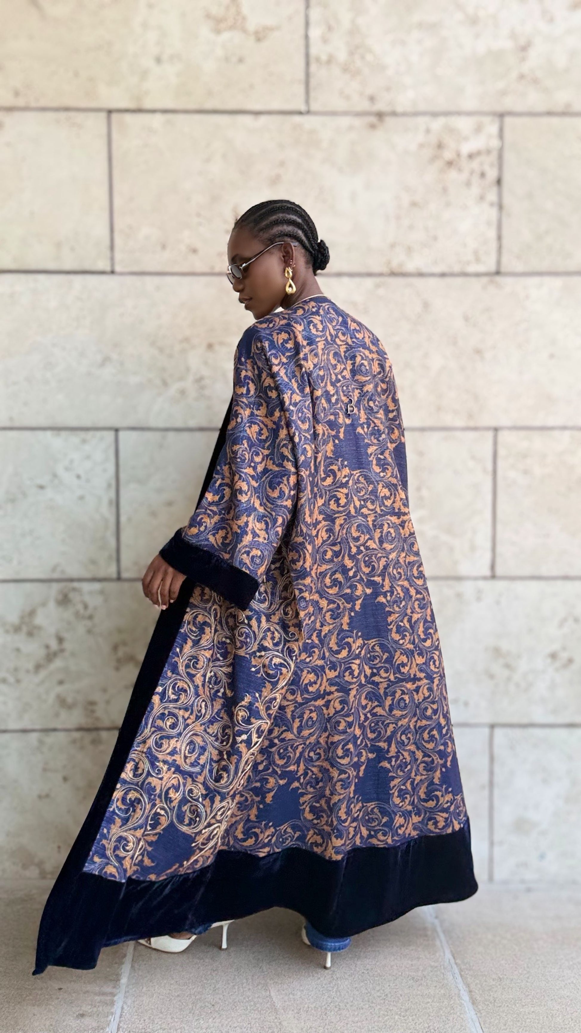 gold and dark blue linen bisht