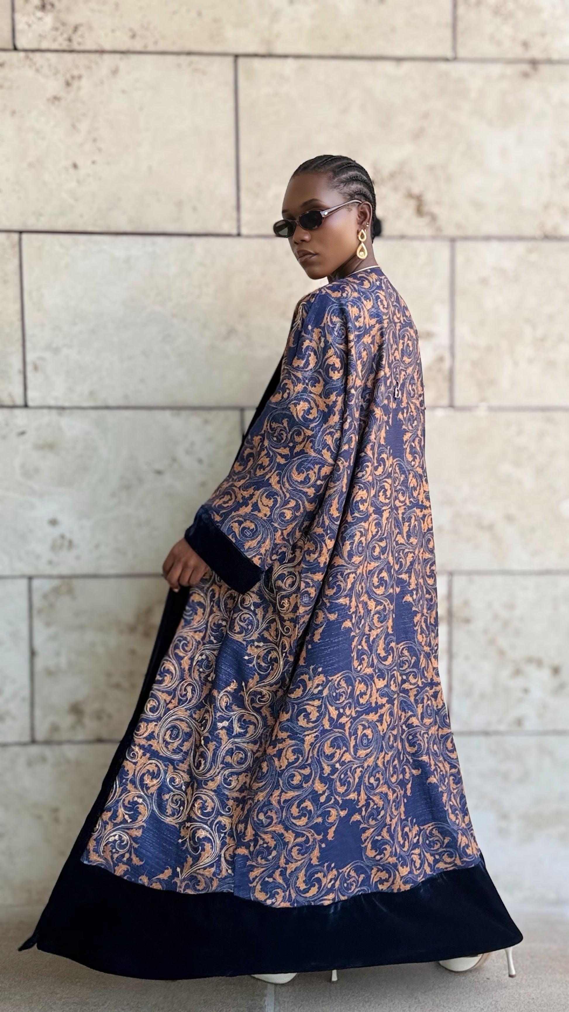 gold and dark blue linen bisht