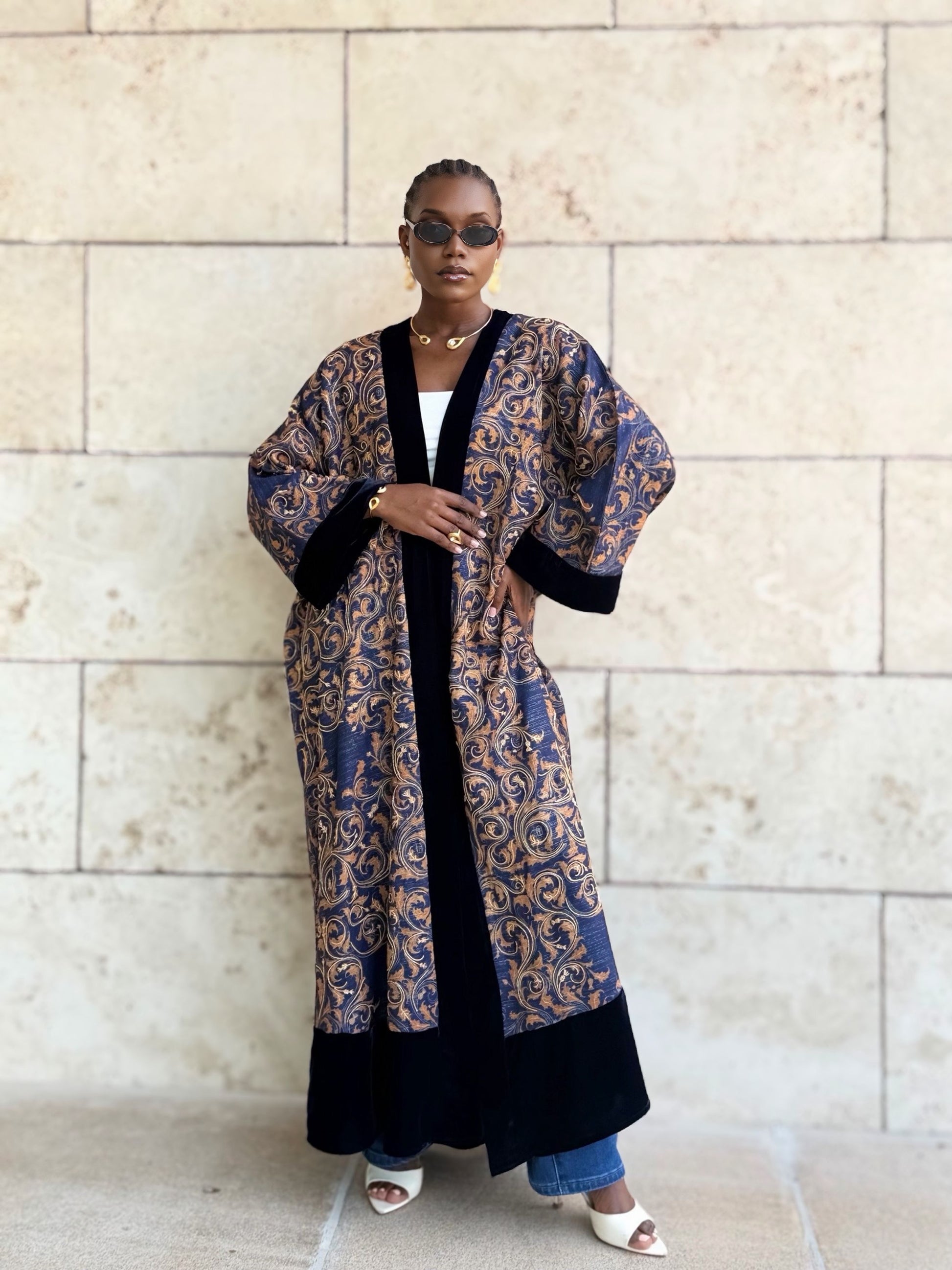 gold and dark blue linen bisht