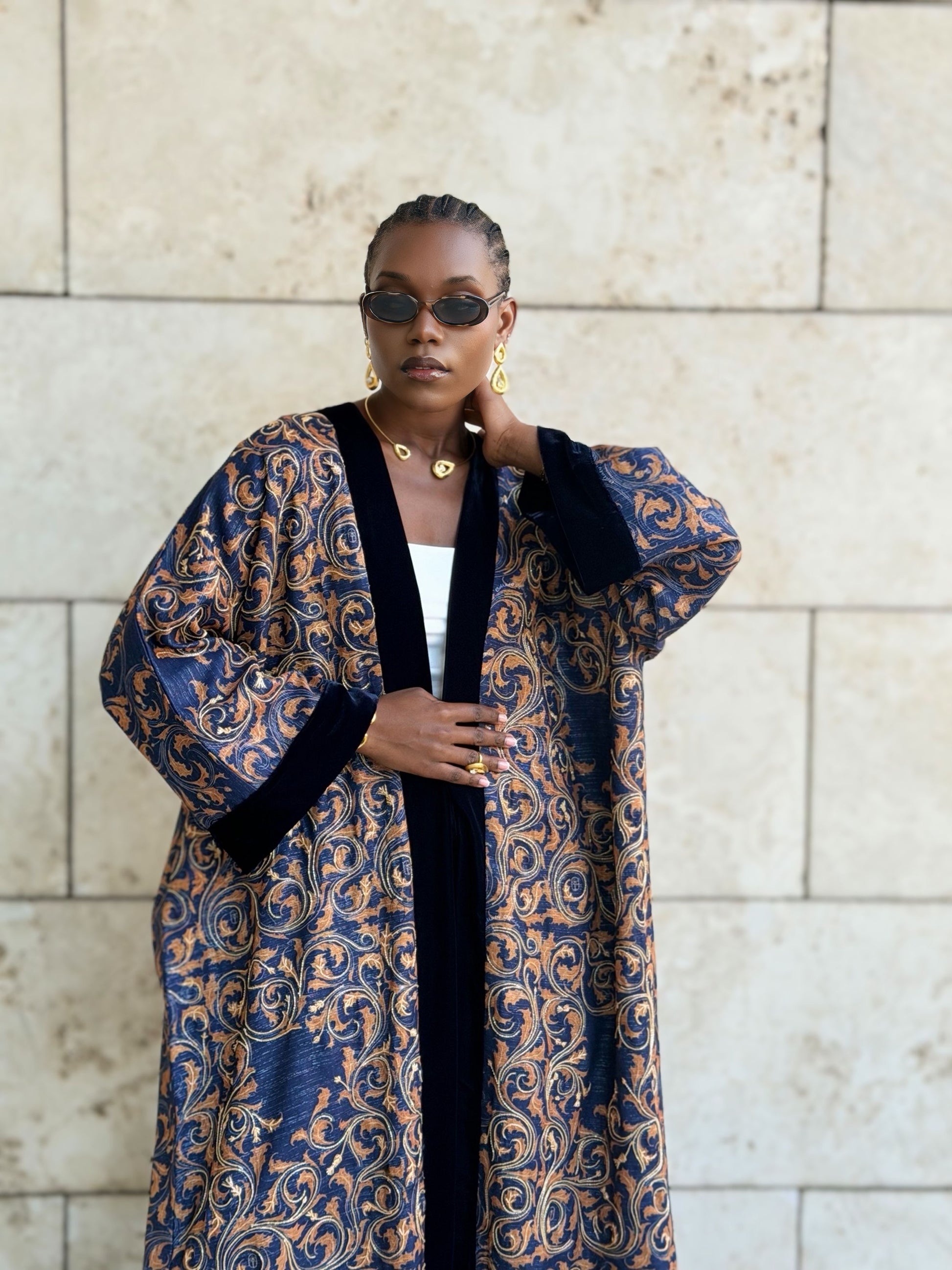 gold and dark blue linen bisht