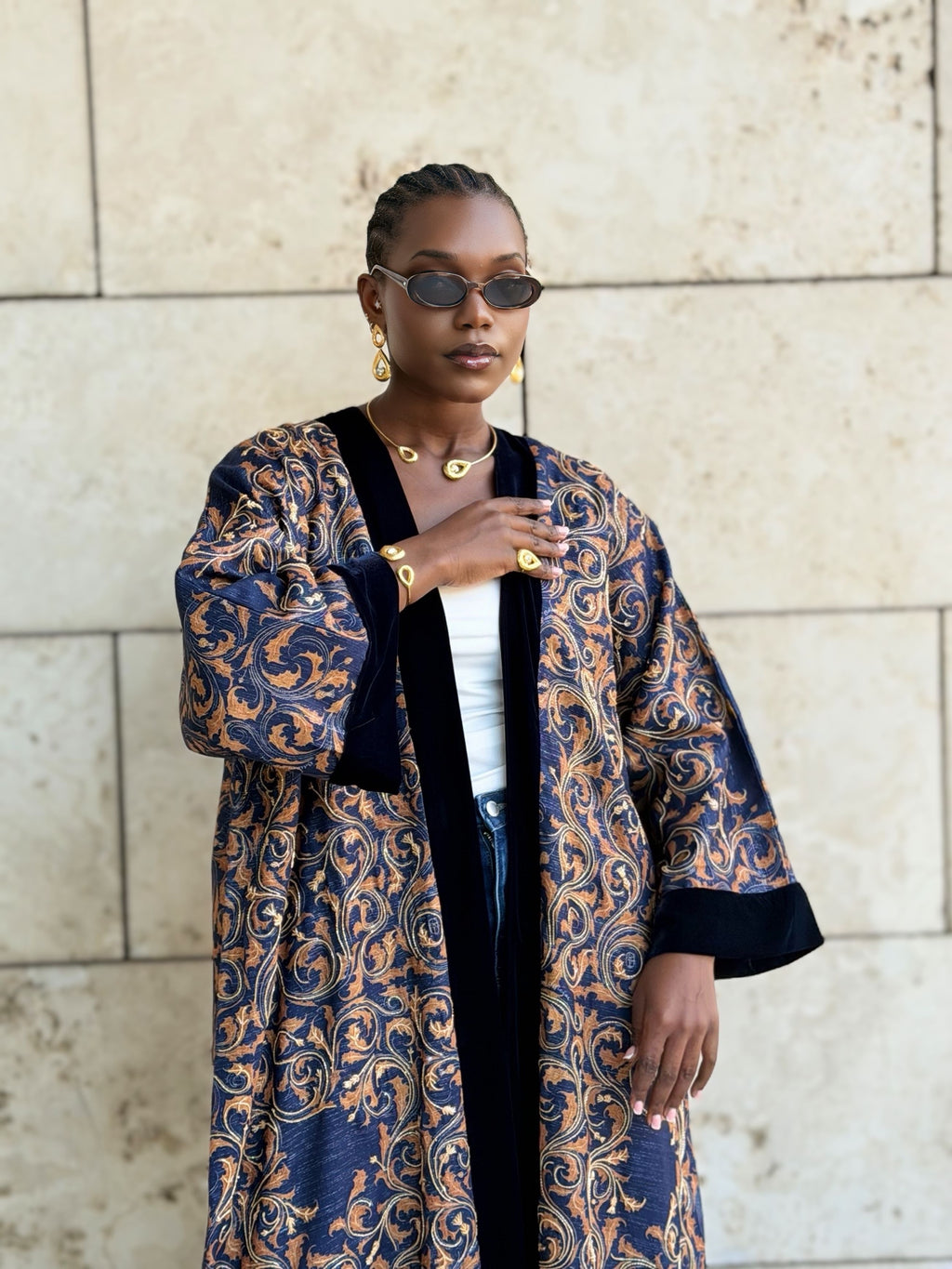 gold and dark blue linen bisht