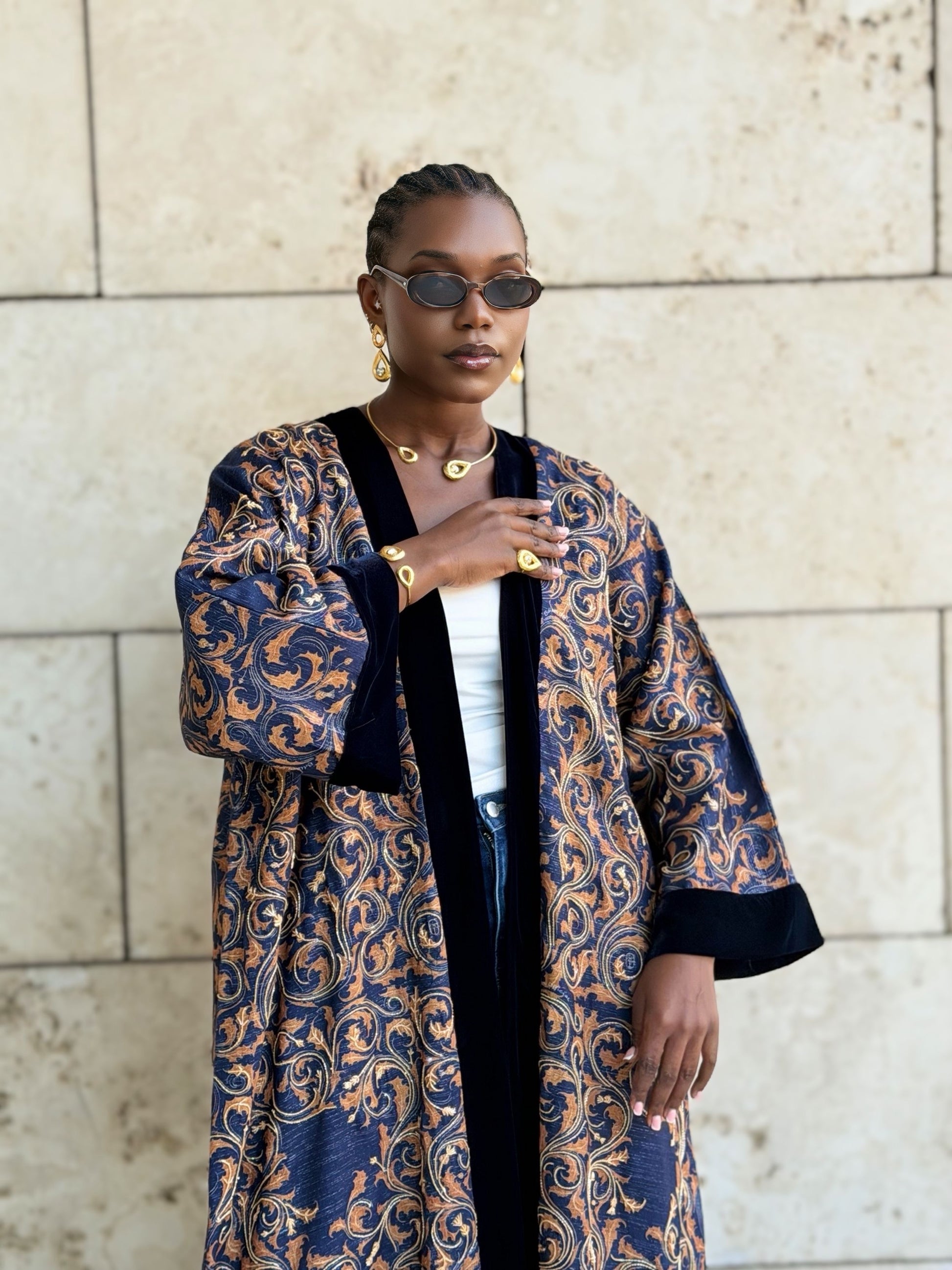 gold and dark blue linen bisht