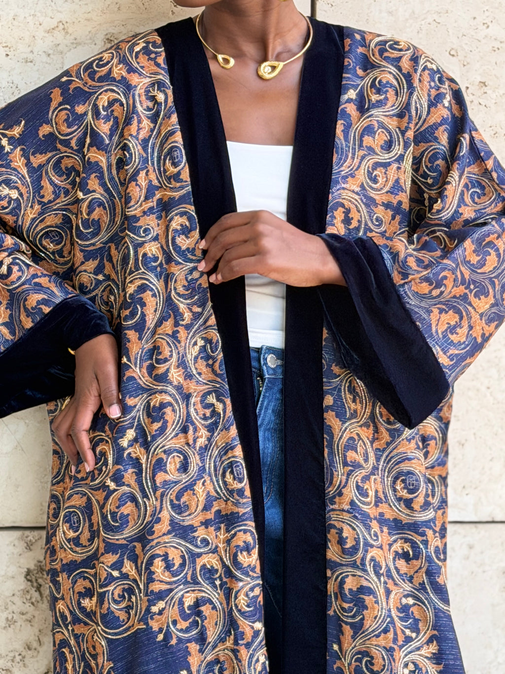gold and dark blue linen bisht