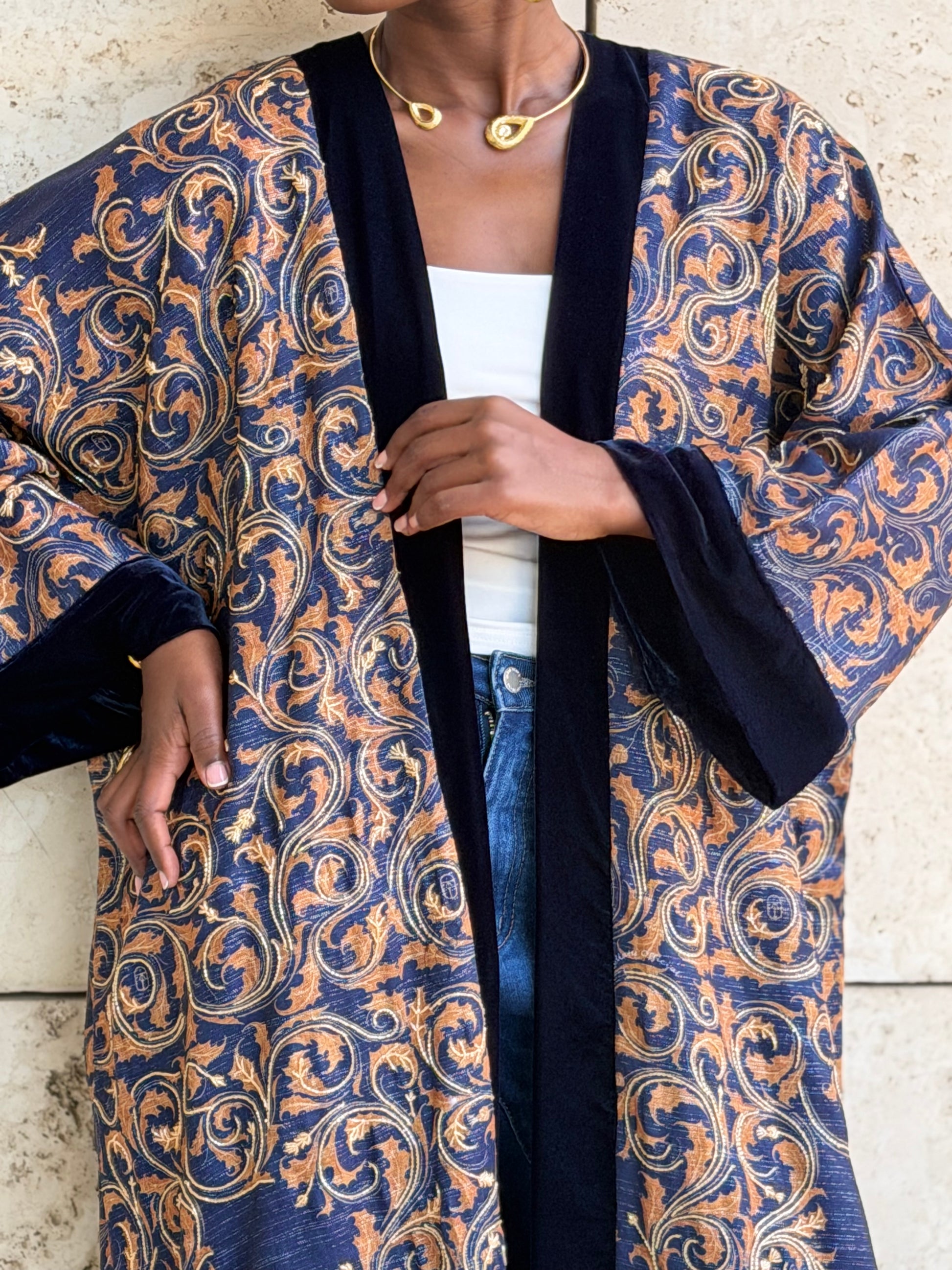 gold and dark blue linen bisht