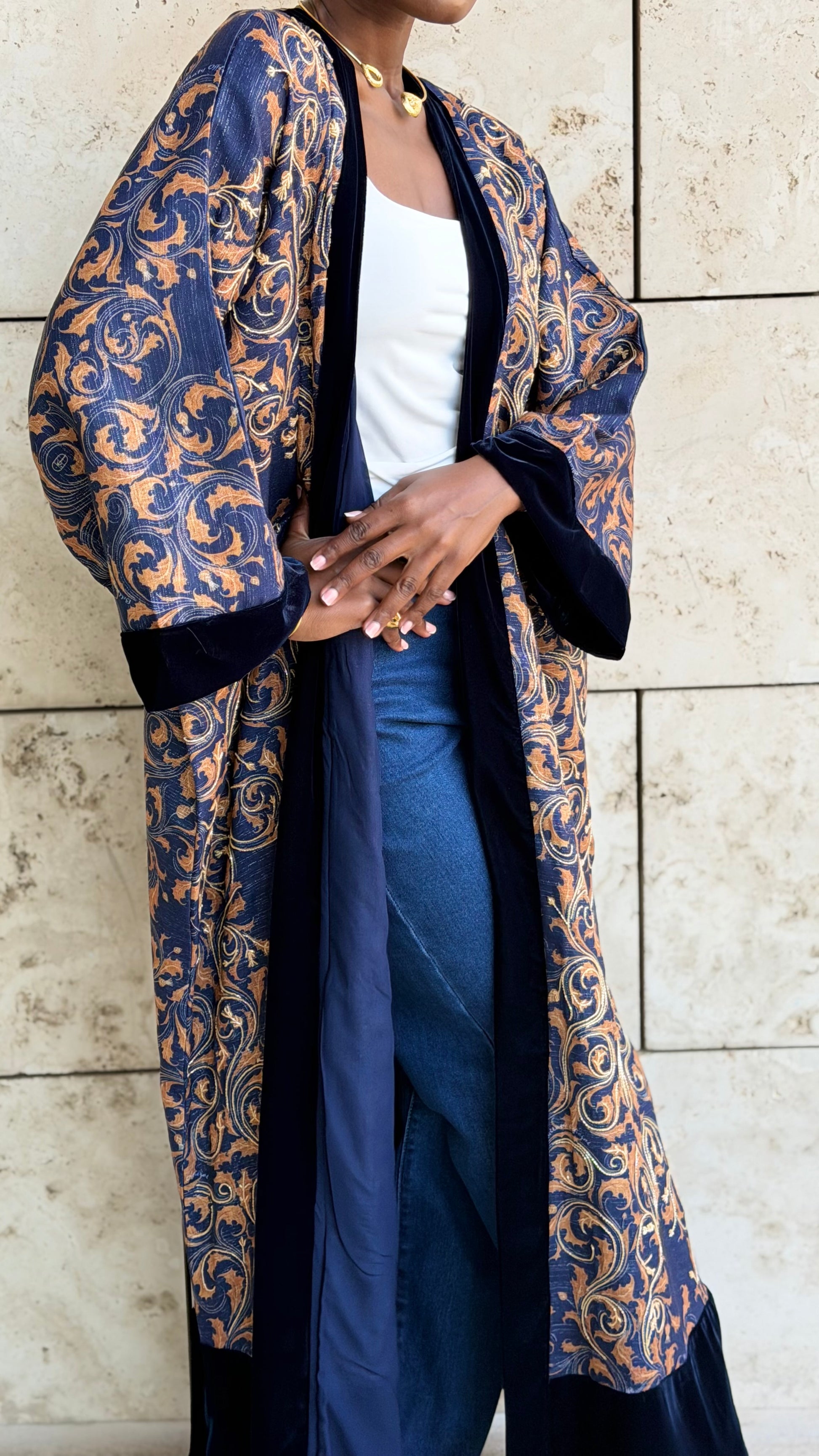 gold and dark blue linen bisht